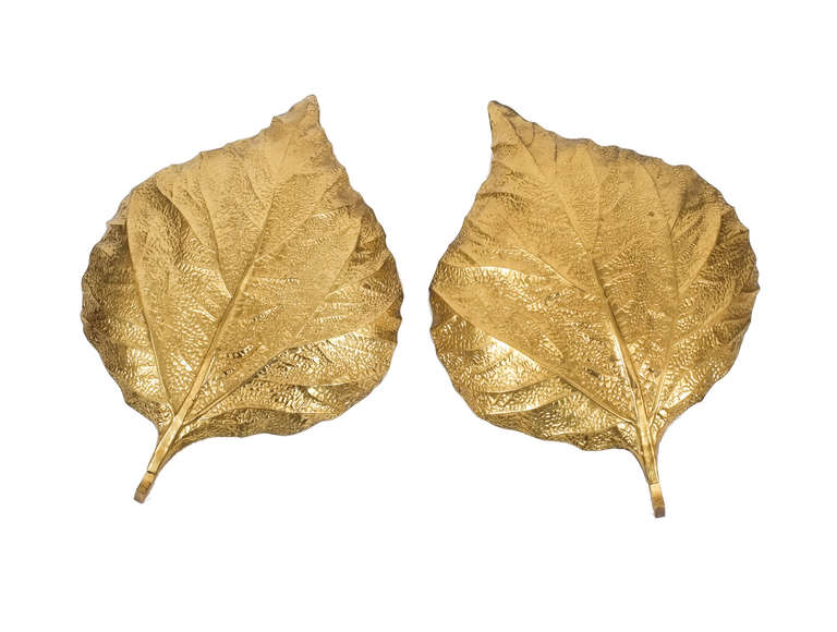 Late 20th Century Large Pair Tommaso Barbi Brass Leaf Sconces