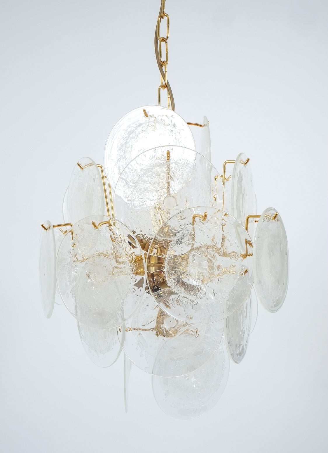 Gilt Vistosi Clear Glass Disc Chandelier Lamp, 1960