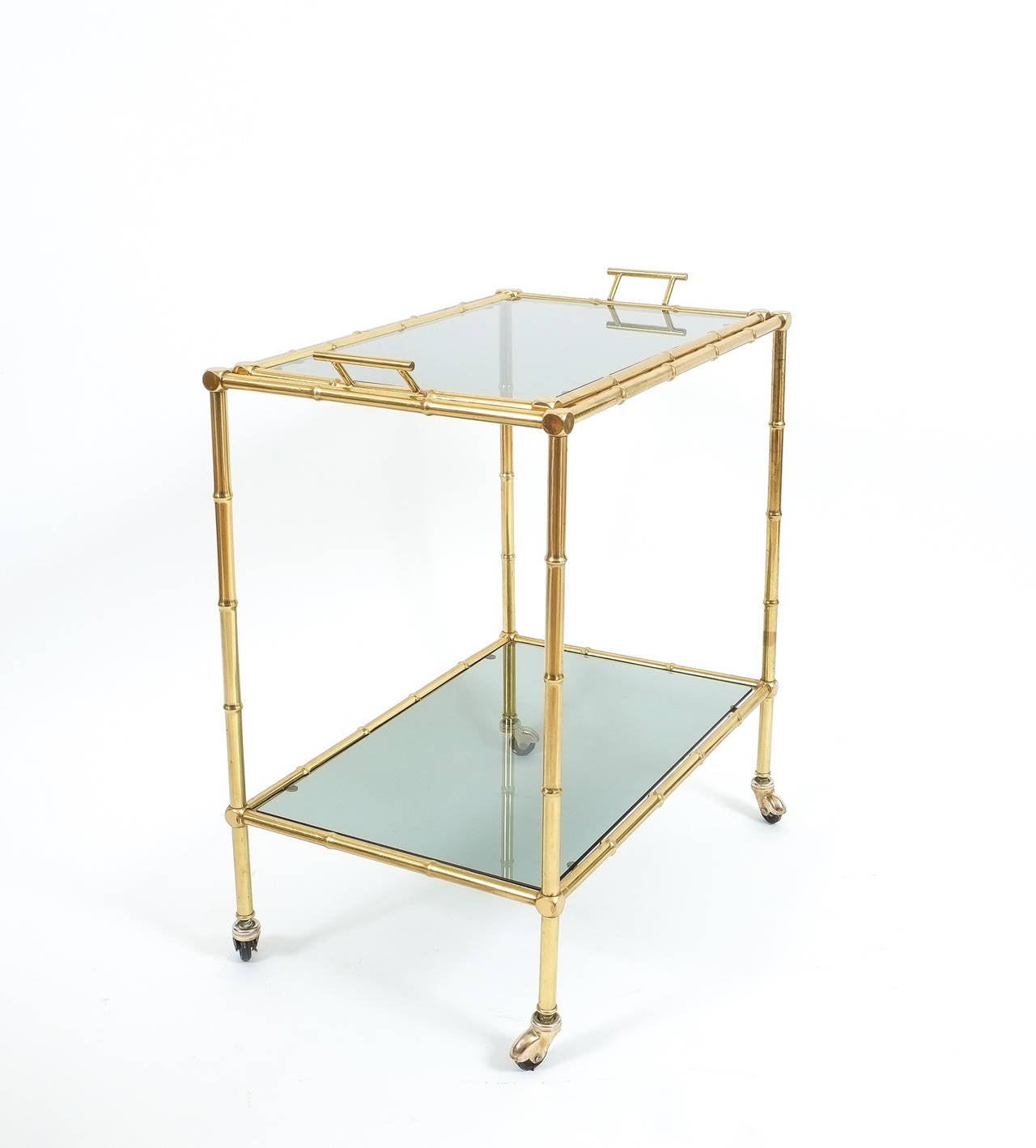 Mid-Century Modern Faux Bamboo Brass Bar Cart with Removable Glass Tray