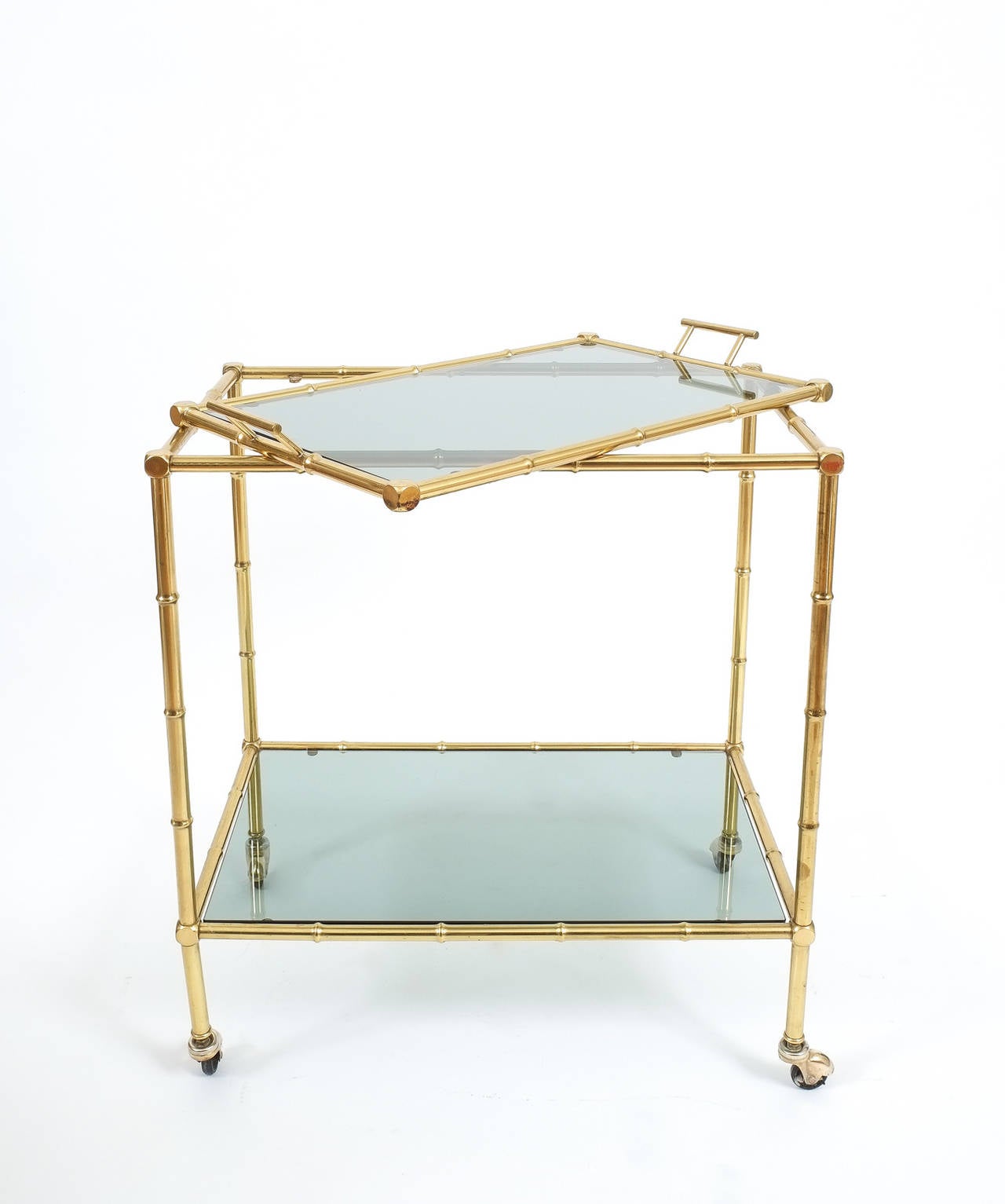 French Faux Bamboo Brass Bar Cart with Removable Glass Tray