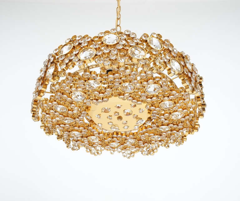 German Palwa Crystal Glass Gold Plated Brass Chandeliers Refurbished One of Three, 1960 For Sale