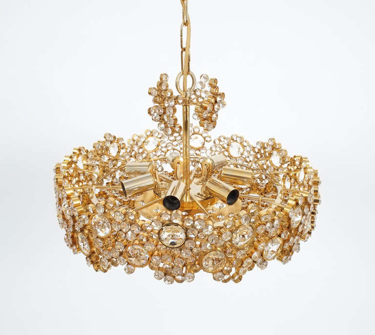 Palwa Crystal Glass Gold Plated Brass Chandeliers Refurbished One of Three, 1960 In Good Condition For Sale In Vienna, AT