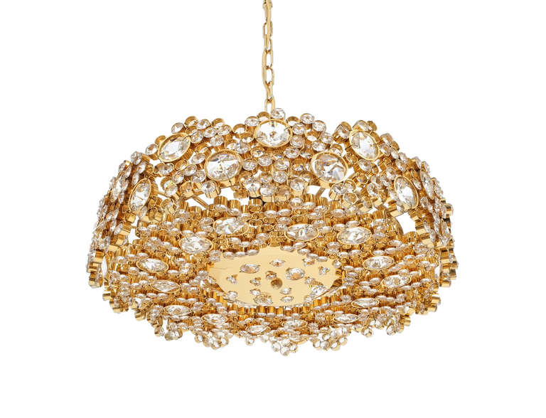 Palwa Crystal Glass Gold Plated Brass Chandeliers Refurbished One of Three, 1960 For Sale 1
