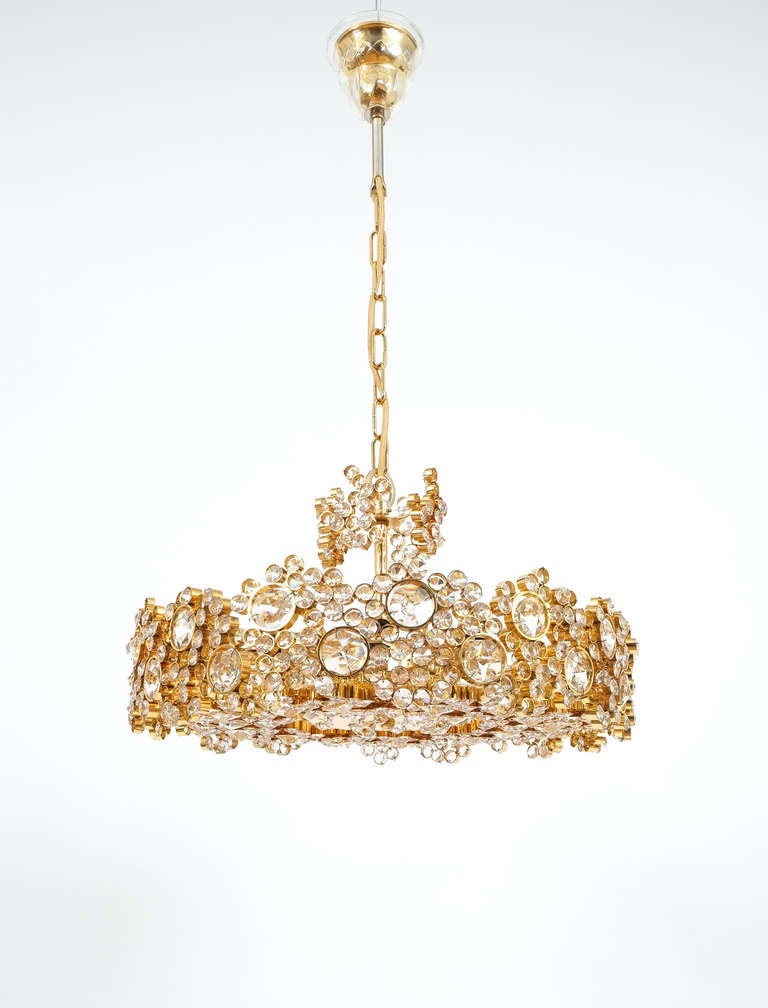 Mid-20th Century Palwa Crystal Glass Gold Plated Brass Chandeliers Refurbished One of Three, 1960 For Sale