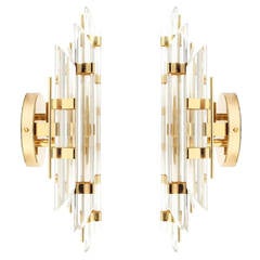 Pair of Venini Style Italian Murano Glass and Brass Sconces