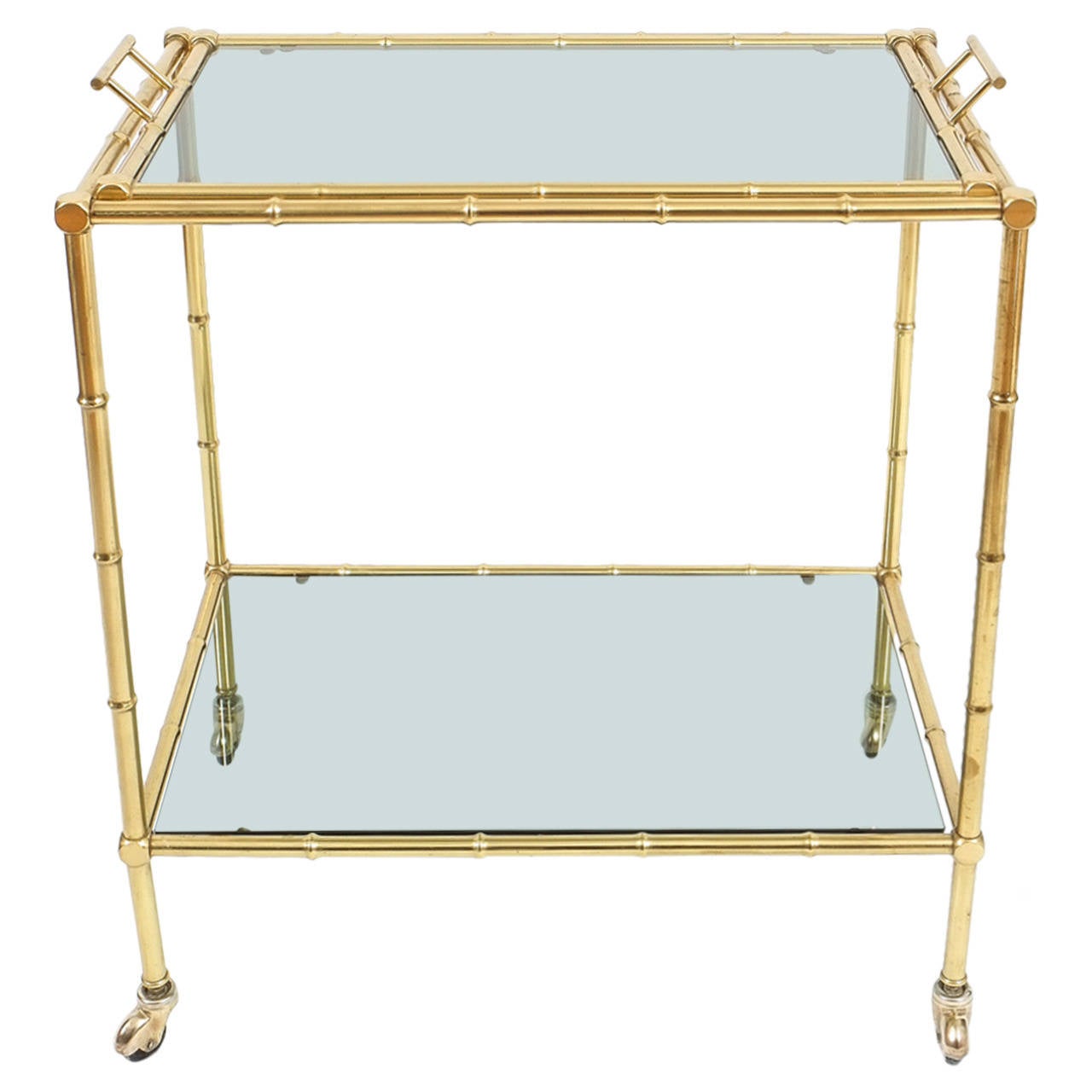 Faux Bamboo Brass Bar Cart with Removable Glass Tray For Sale at 1stdibs