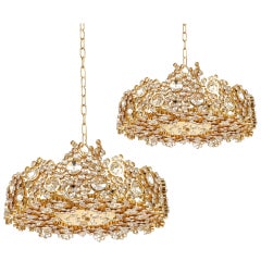 Palwa Crystal Glass Gold Plated Brass Chandeliers Refurbished One of Three, 1960