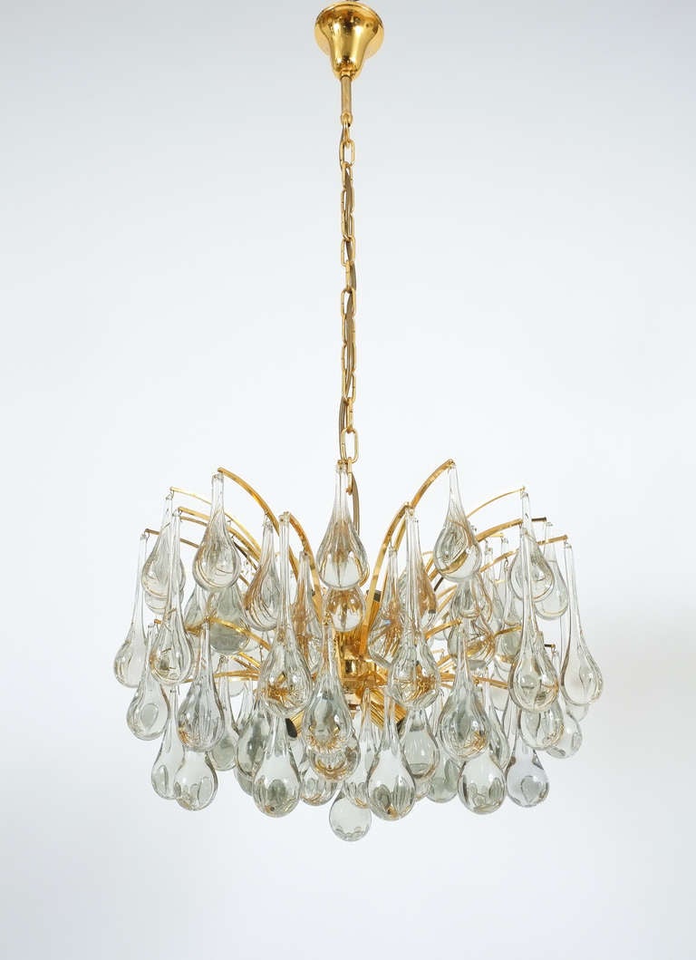 Gilt Delicate Murano Glass and gilded Brass Tear Drop Chandelier, 1970 For Sale