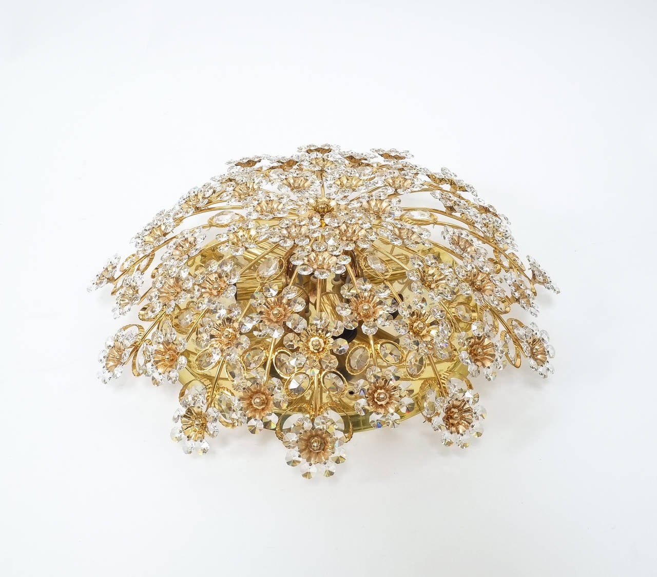 Delicate Gilt Brass Cut Glass Flower Flush Mount by Palwa In Excellent Condition In Vienna, AT