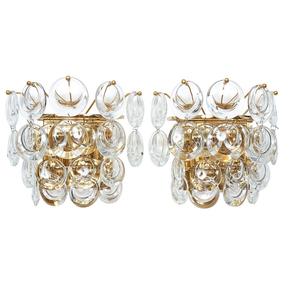 Palwa Pair Delicate Gold Plated Brass and Glass Sconces Wall Lamps, 1960 For Sale