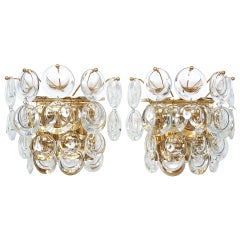 Vintage Palwa Pair Delicate Gold Plated Brass and Crystal Sconces Wall Lamps, 1960