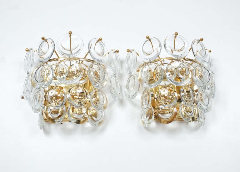 Palwa Pair Delicate Gold Plated Brass and Glass Sconces Wall Lamps, 1960 In Good Condition For Sale In Vienna, AT