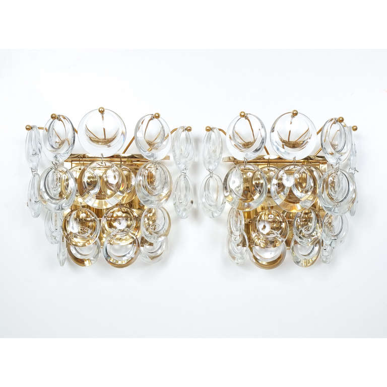 Palwa Pair (2x) Delicate Gold Plated Brass and Crystal Sconces, 1960. They are in excellent condition and have been professionally cleaned and rewired. They hold two bulbs each. Priced as a pair. Please note that we have matching chandeliers