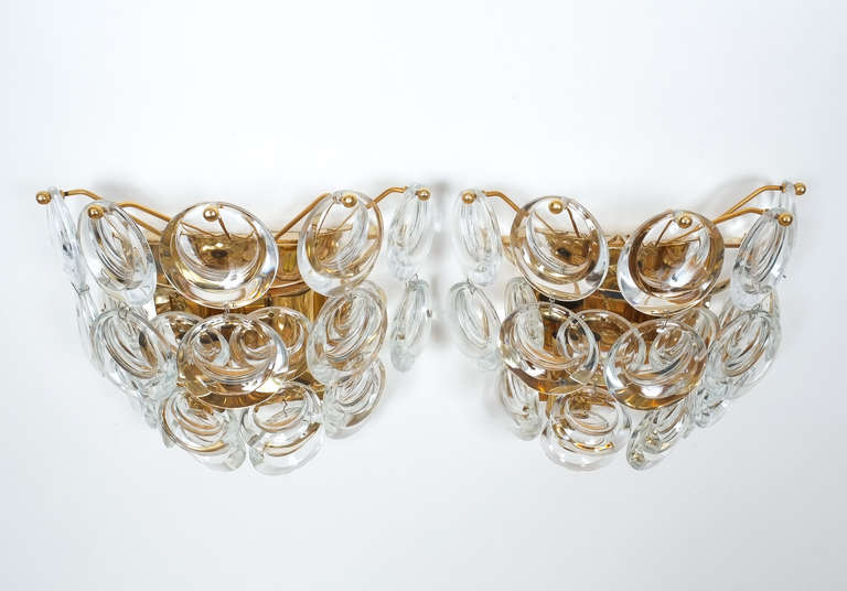 Mid-20th Century Palwa Pair Delicate Gold Plated Brass and Glass Sconces Wall Lamps, 1960 For Sale