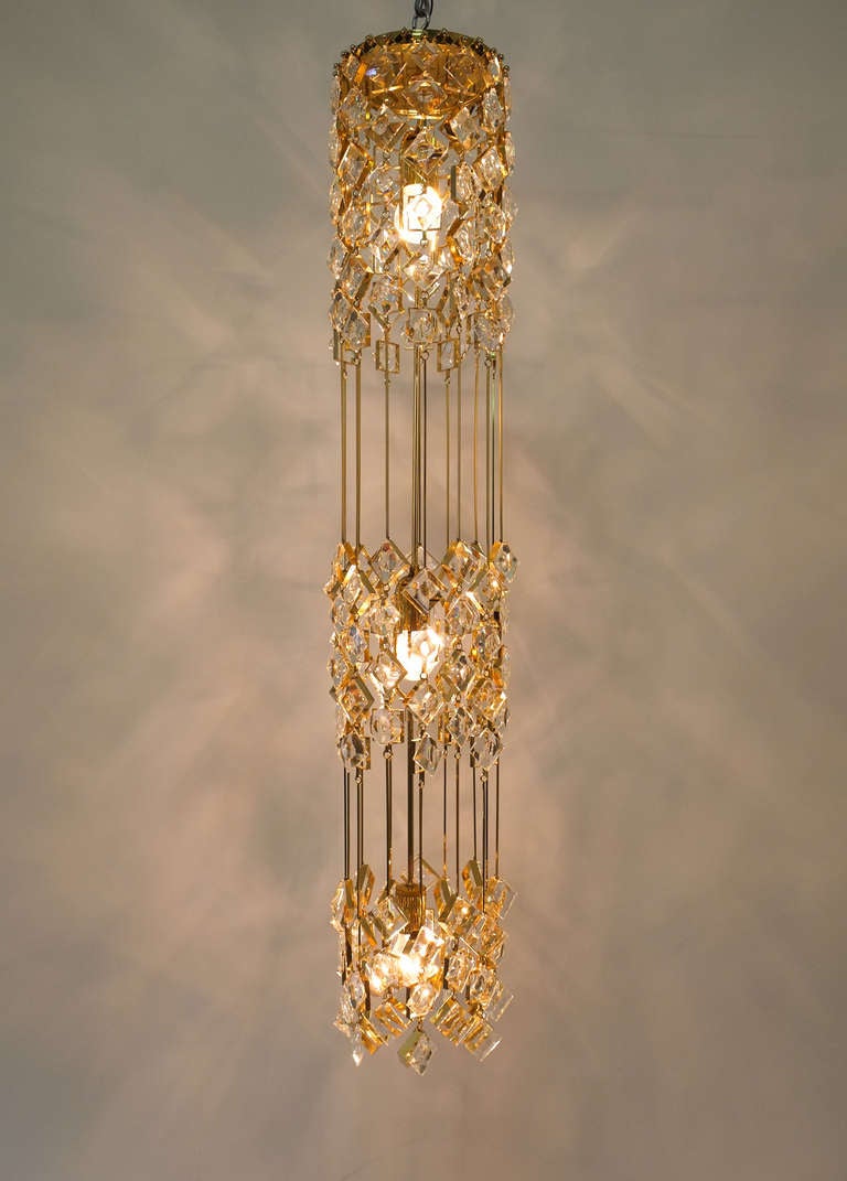 Mid-Century Modern Chandelier Flush Mount by Palwa Golden Brass and Crystals, 1960 For Sale