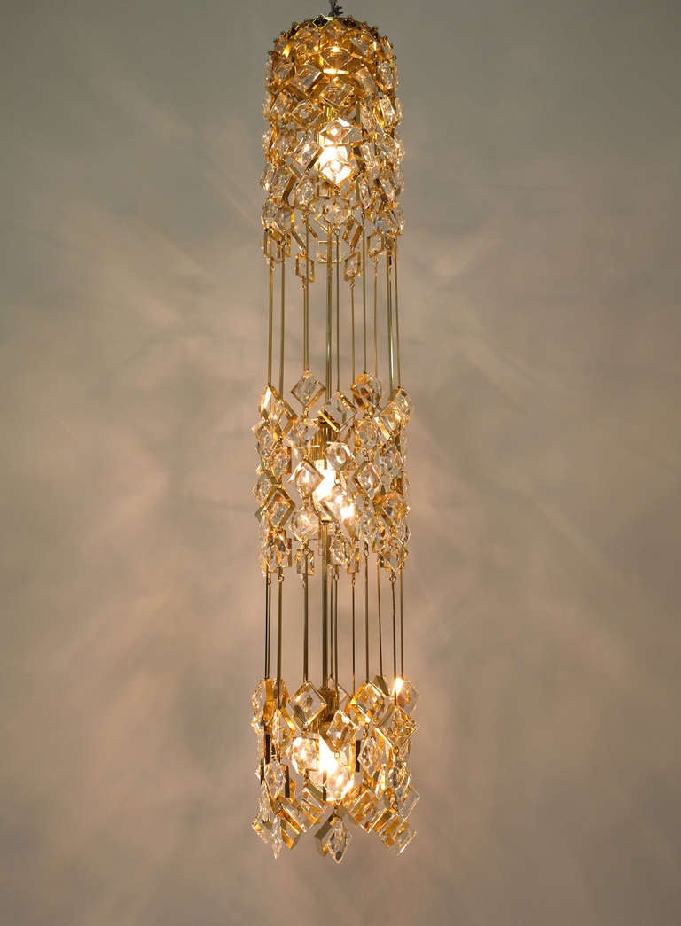 German Chandelier Flush Mount by Palwa Golden Brass and Crystals, 1960 For Sale