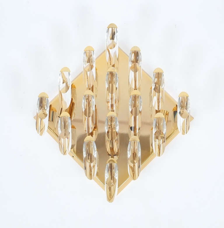 Pair of Italian Crystal, Gilded Brass Flush Mount Wall Lights at 1stdibs