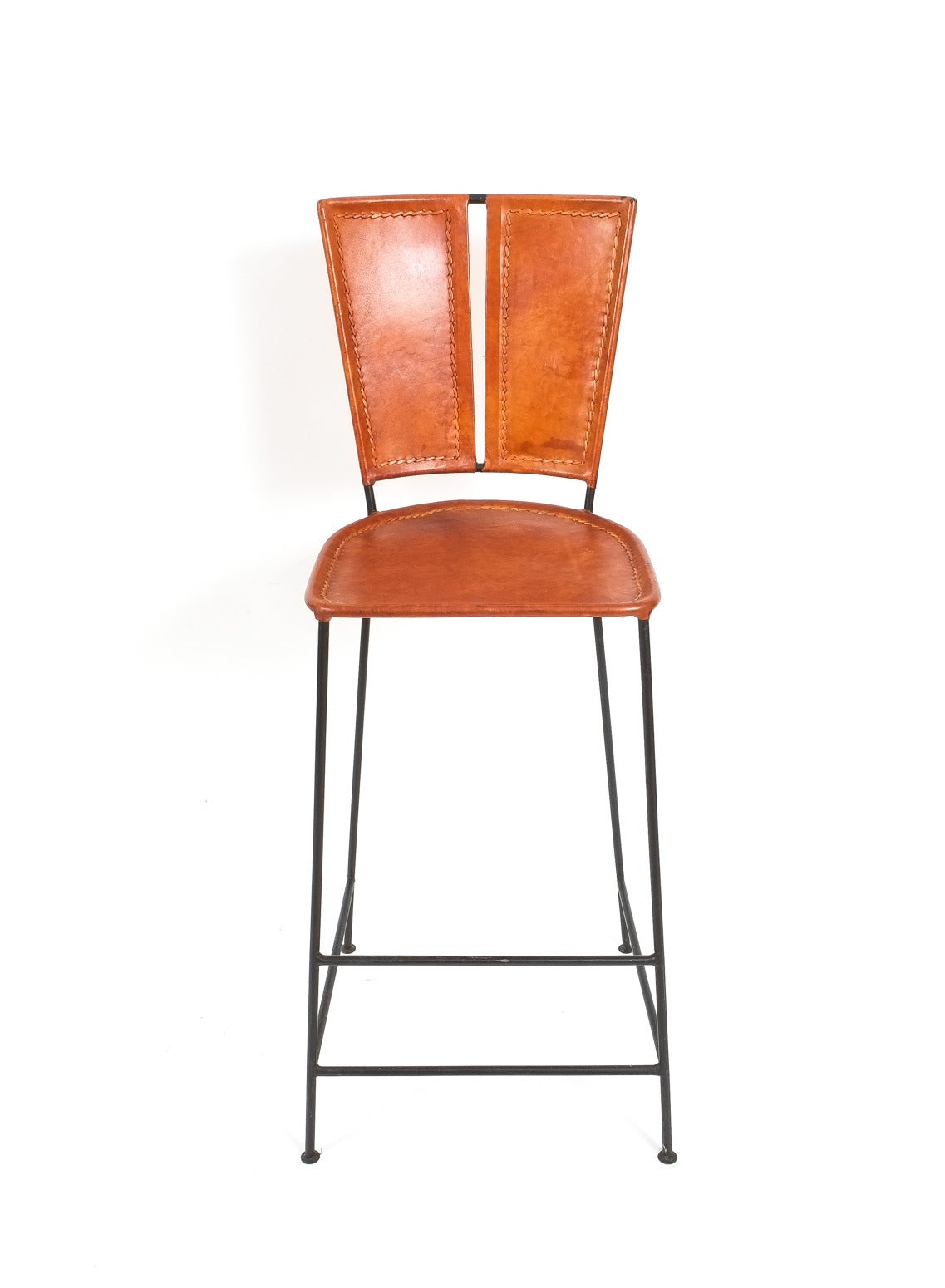 French Pair of Custom-Made Artisan Leather Bar Stools France, circa 1960