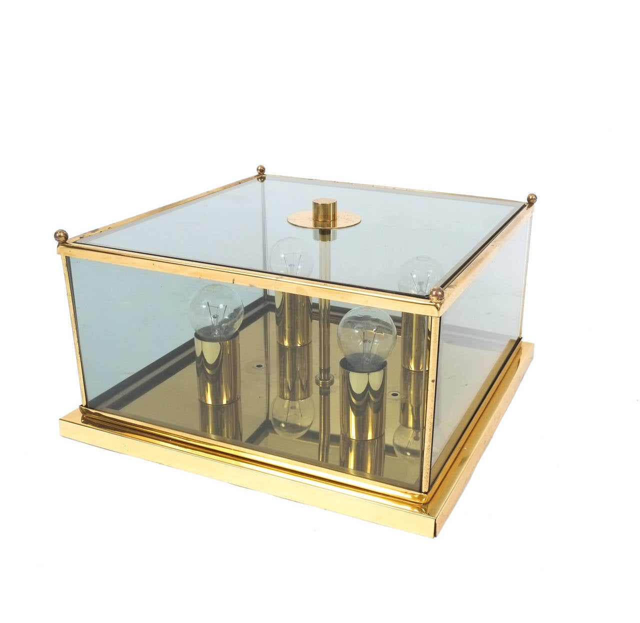 Polished Rectangular Art Deco Brass and Glass Flush Mount For Sale