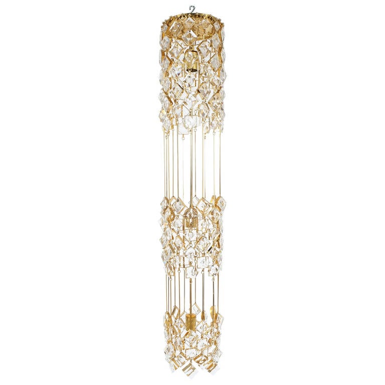 Golden Brass and Crystal Column Chandelier by Palwa For Sale at 1stdibs