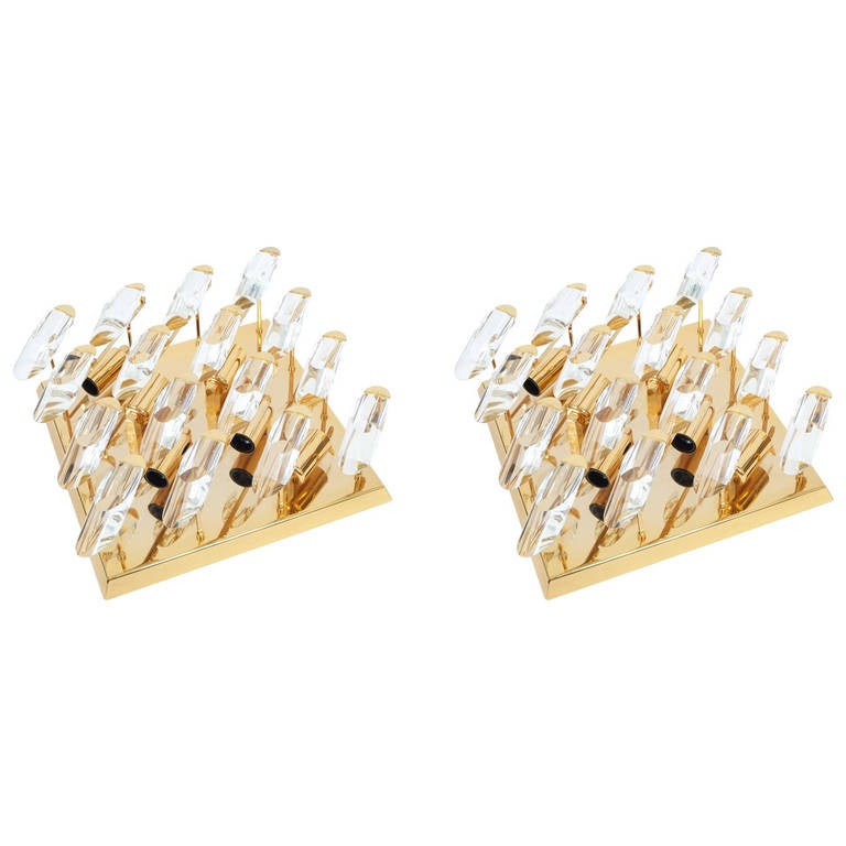 Pair of Italian Crystal, Gilded Brass Flush Mount Wall Lights at 1stdibs