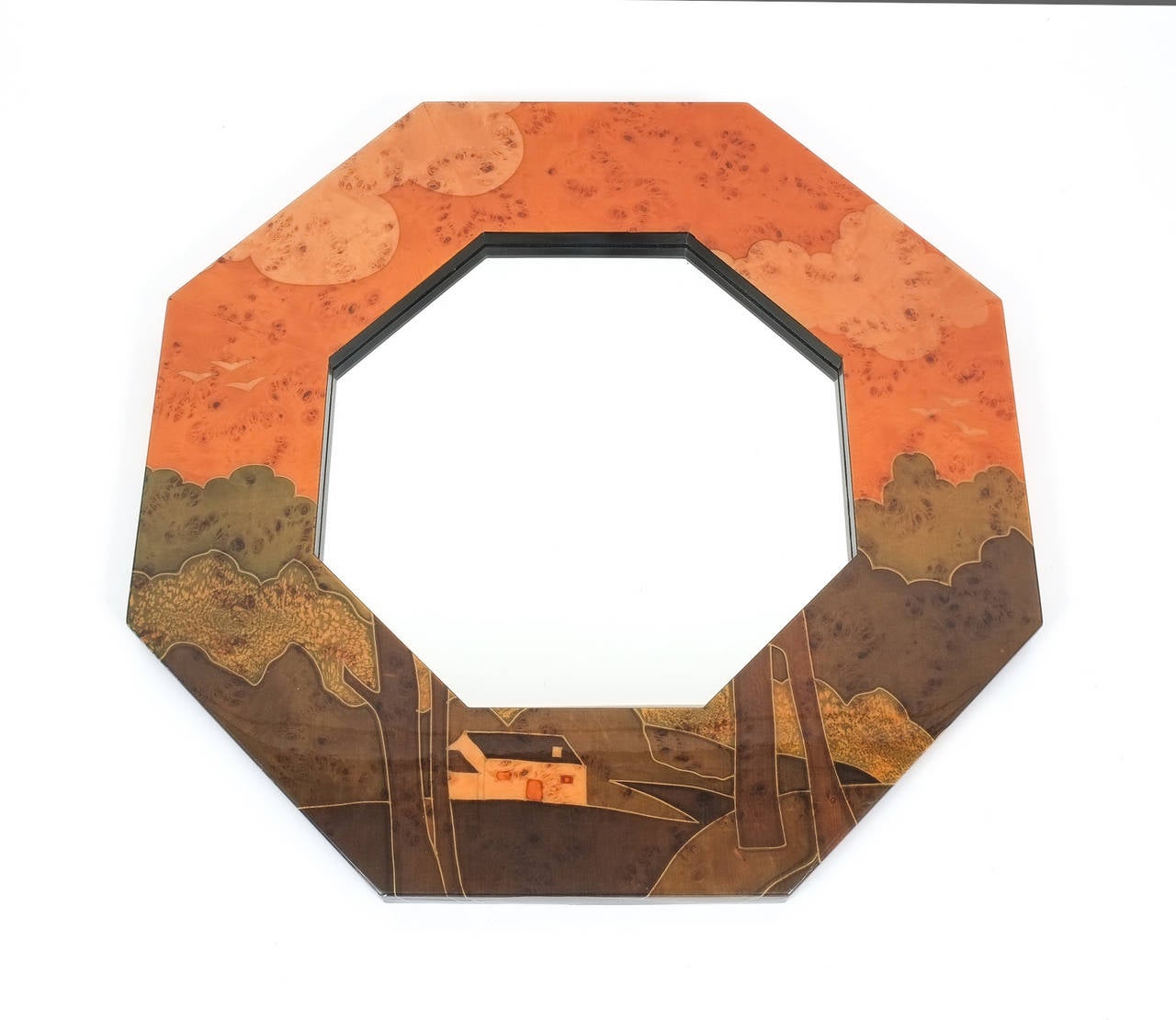 Jean Claude Mahey Paris octagonal marquetry mirror, 1970 with a diameter of 28 inches, it's in excellent condition.