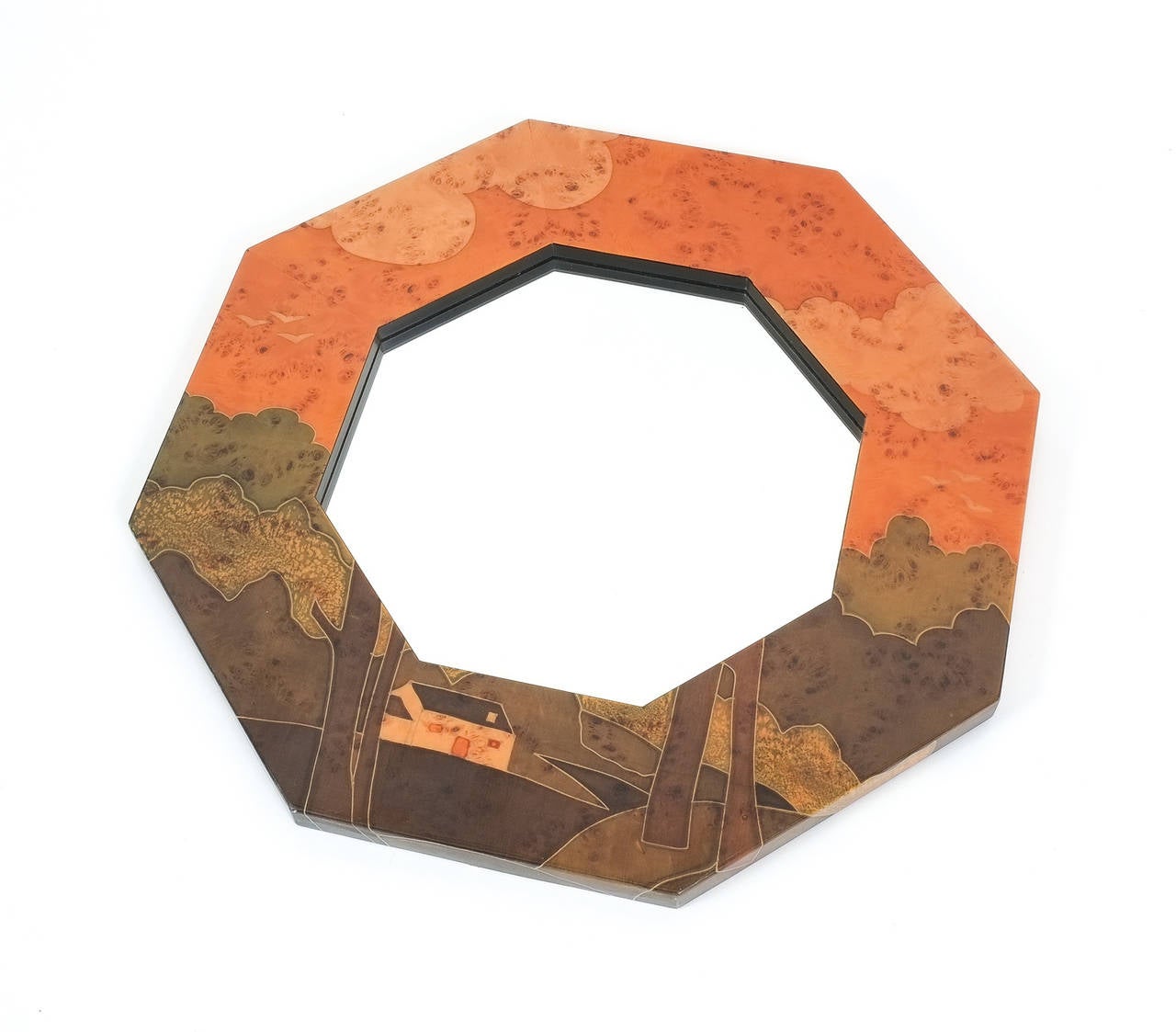 French Jean Claude Mahey Paris Octagonal Marquetry Mirror, 1970