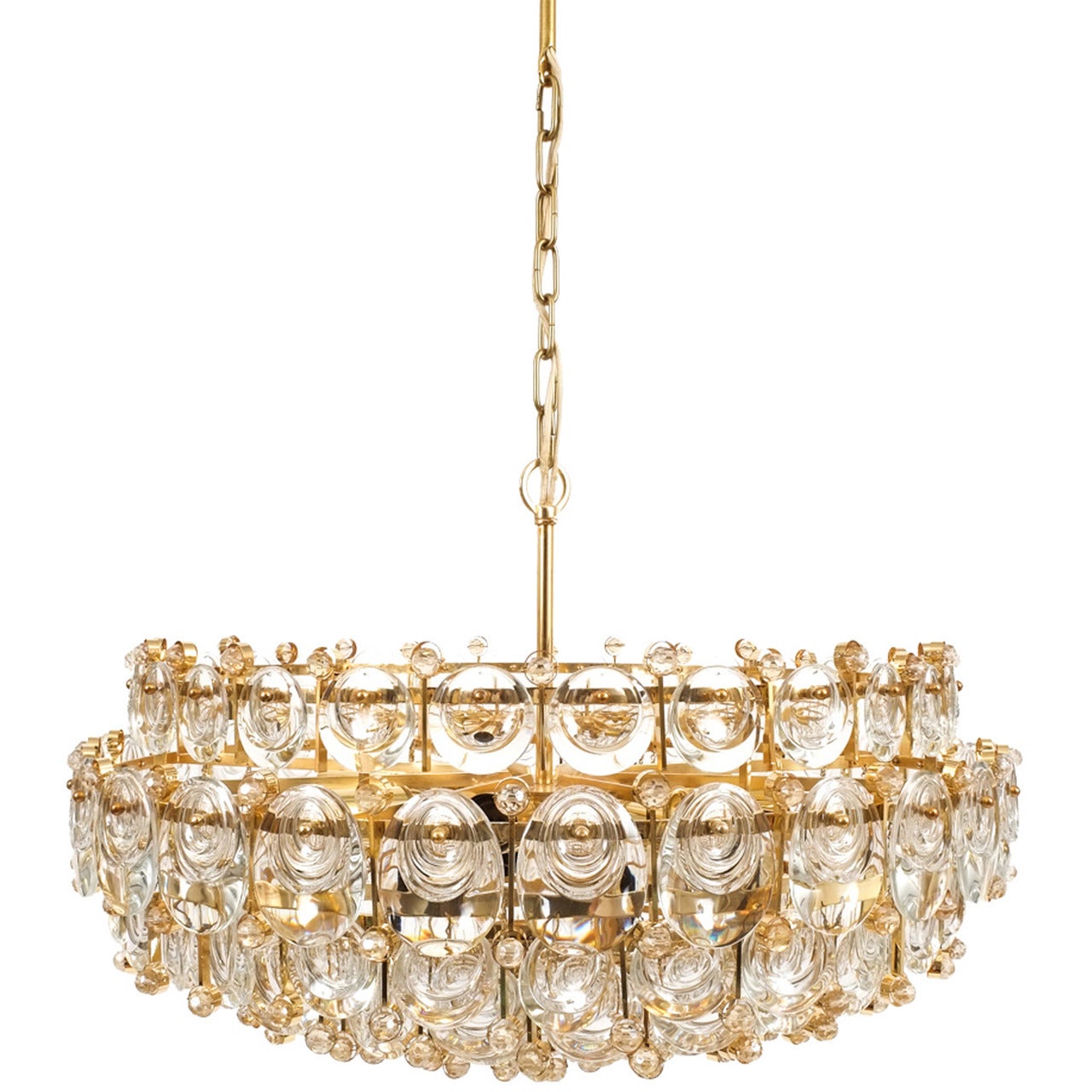 Exceptional Large Gilt Brass and Glass Chandelier Lamp, Palwa circa 1960