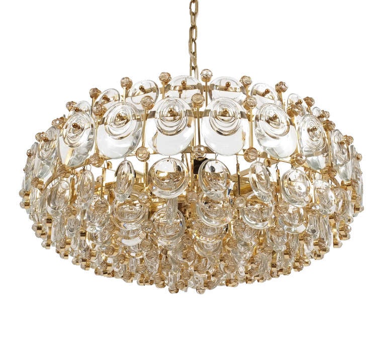 Exceptional Large Gilt Brass and Glass Chandelier Lamp, Palwa circa 1960 4