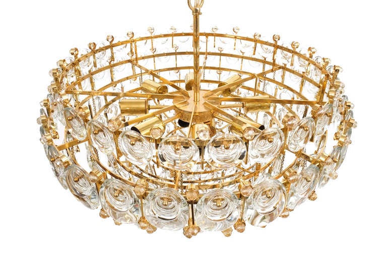 Mid-20th Century Exceptional Large Gilt Brass and Glass Chandelier Lamp, Palwa circa 1960