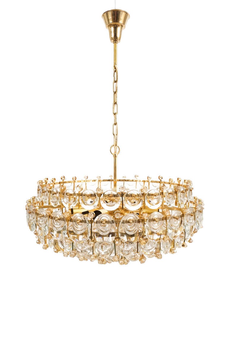 German Exceptional Large Gilt Brass and Glass Chandelier Lamp, Palwa circa 1960