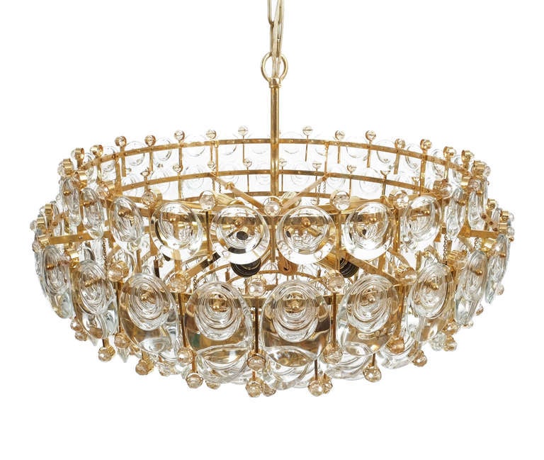 Exceptional Large Gilt Brass and Glass Chandelier Lamp, Palwa circa 1960 2