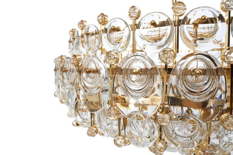 Hollywood Regency Exceptional Large Gilt Brass and Glass Chandelier Lamp, Palwa circa 1960