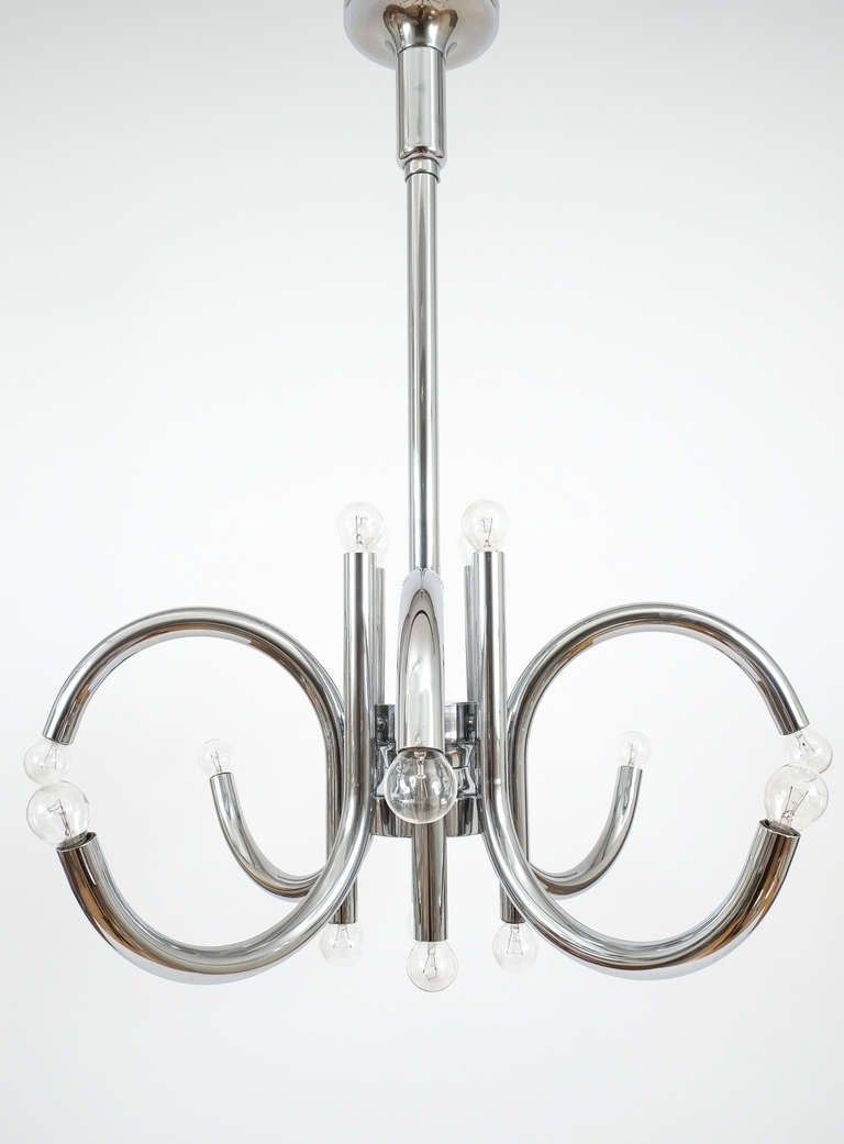 Space Age Pair of Large Tubular Chrome Chandeliers by Esperia Italy, 1970 For Sale