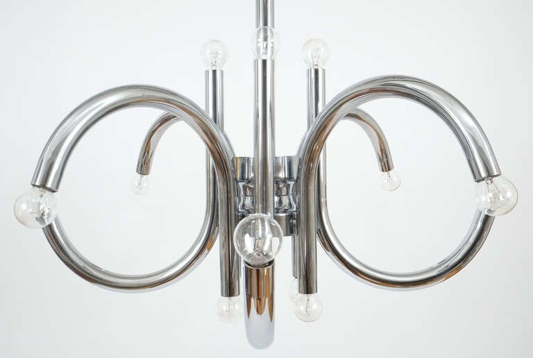 Italian Pair of Large Tubular Chrome Chandeliers by Esperia Italy, 1970 For Sale