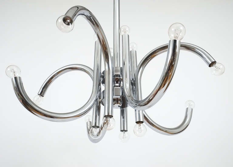 Polished Pair of Large Tubular Chrome Chandeliers by Esperia Italy, 1970 For Sale