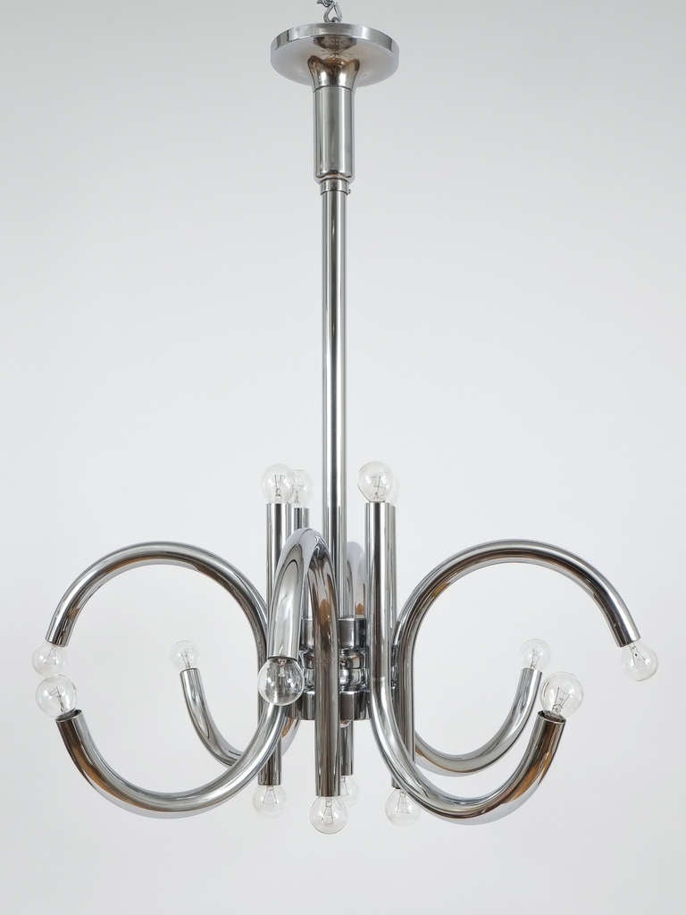 Late 20th Century Pair of Large Tubular Chrome Chandeliers by Esperia Italy, 1970 For Sale