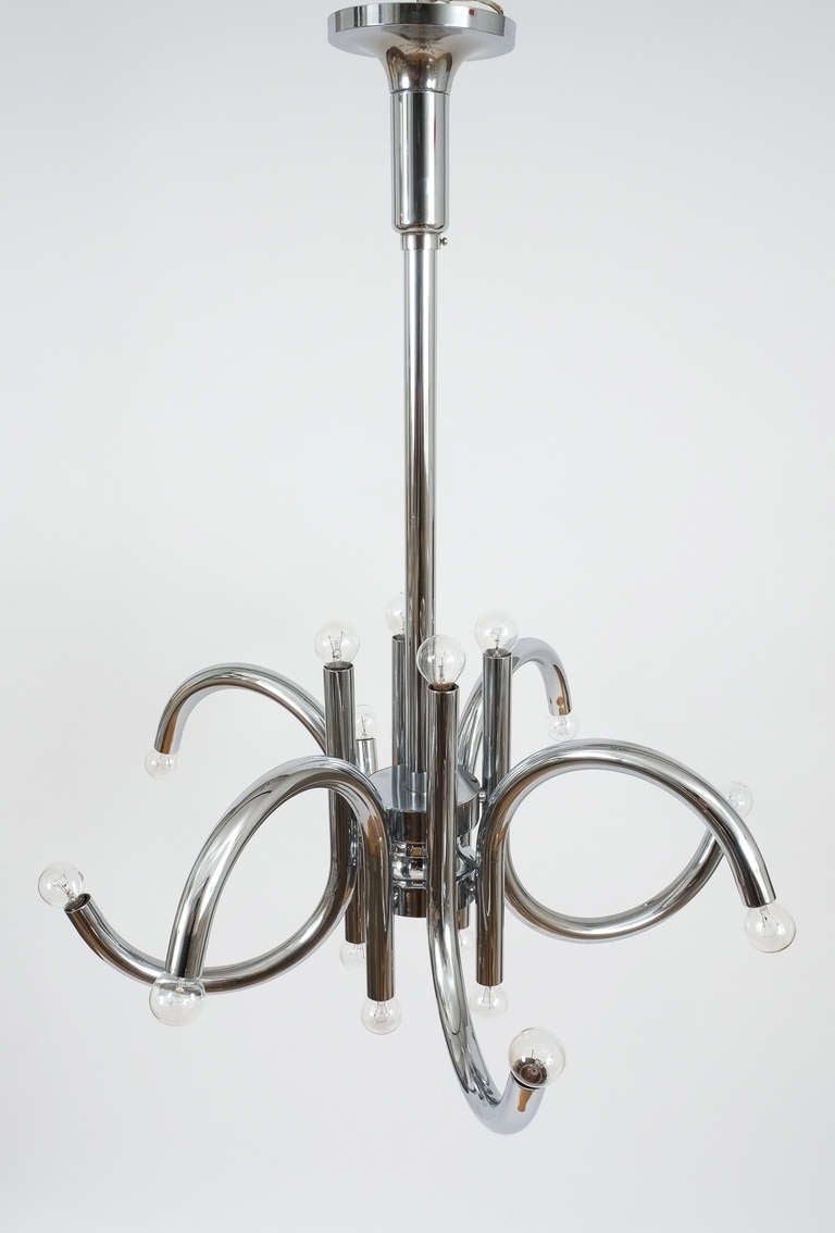 Pair of Large Tubular Chrome Chandeliers by Esperia Italy, 1970 For Sale 1