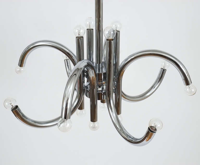 Pair of Large Tubular Chrome Chandeliers by Esperia Italy, 1970 For Sale 2