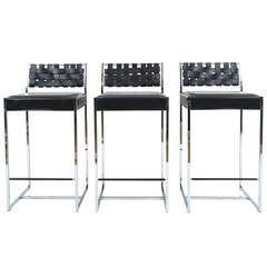 Set of Three Arrben Leather and Chrome Bar Stools