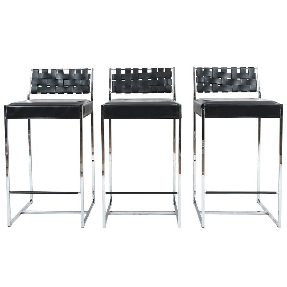 Set of Three Arrben Leather and Chrome Bar Stools