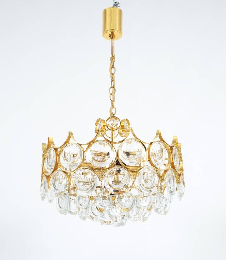 Mid-Century Modern Palwa Chandeliers 1 of 3 Gold Brass Glass Lamps Refurbished, 1960 For Sale