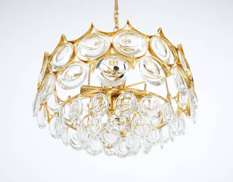 German Palwa Chandeliers 1 of 3 Gold Brass Glass Lamps Refurbished, 1960 For Sale