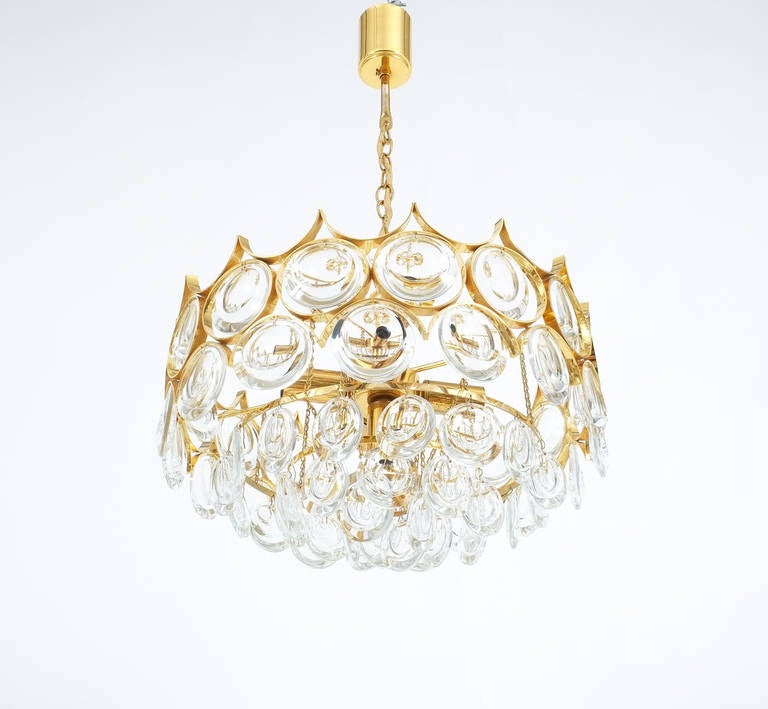 Gilt Palwa Chandeliers 1 of 3 Gold Brass Glass Lamps Refurbished, 1960 For Sale