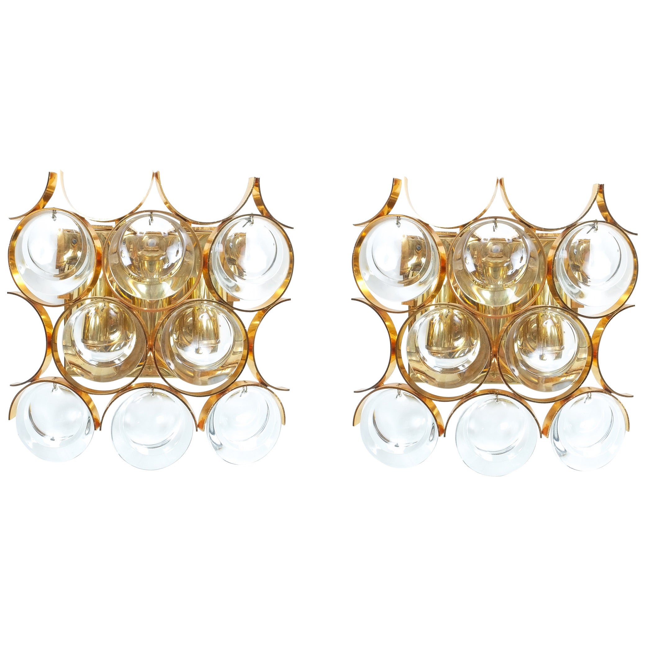 Pair of Gilded Brass and Crystal Sconces by Palwa For Sale