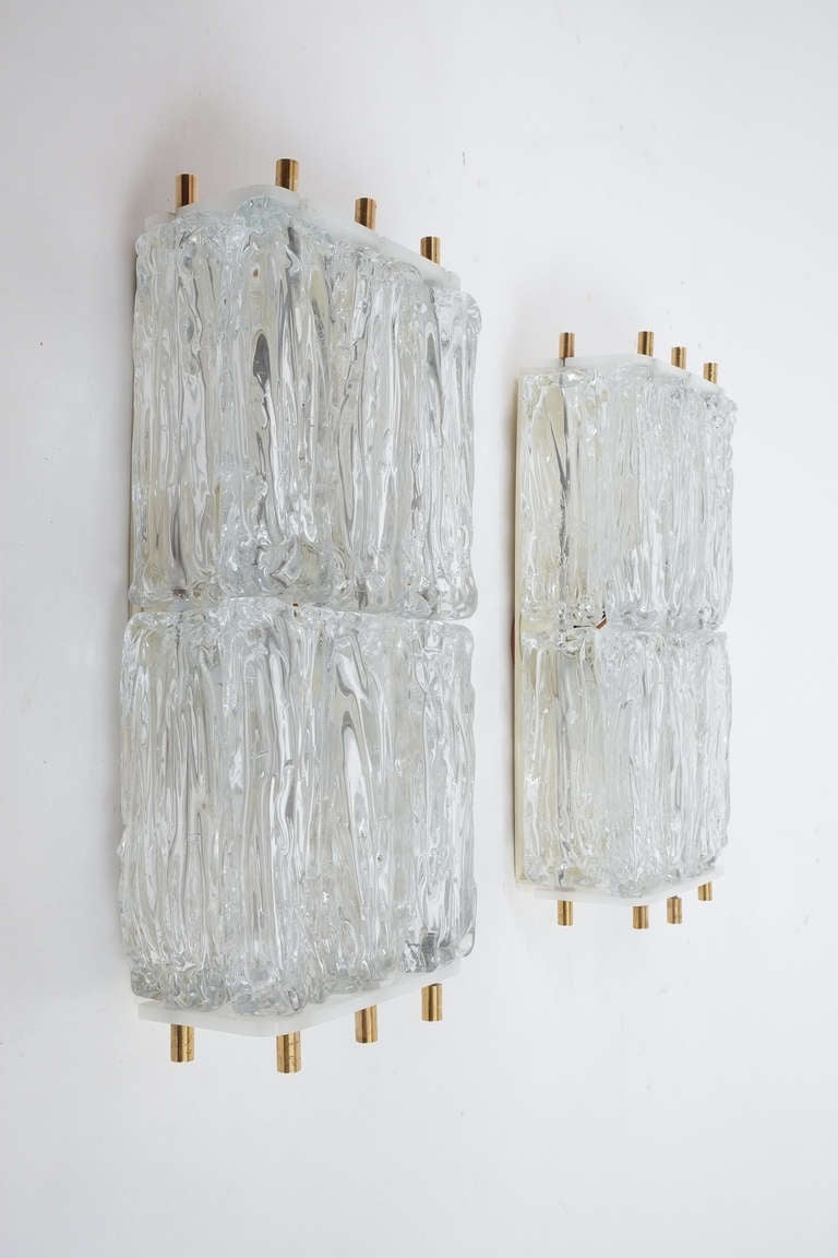 Mazzega Pair Of Glass and Brass Block Sconces, Italy 1950. Very large a beautiful pair of textured glass block sconces from Mazzega/Italy in excellent condition.