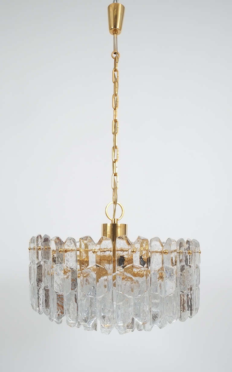 Gilt J.T. Kalmar Gold Brass Tiered Crystal Glass Chandelier Palazzo Lamp, circa 1960 For Sale