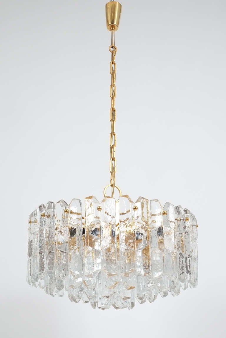 Mid-Century Modern J.T. Kalmar Gold Brass Tiered Crystal Glass Chandelier Palazzo Lamp, circa 1960 For Sale