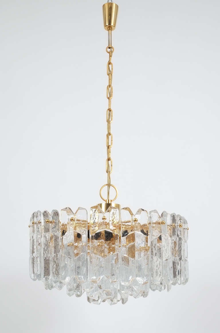 Austrian J.T. Kalmar Gold Brass Tiered Crystal Glass Chandelier Palazzo Lamp, circa 1960 For Sale