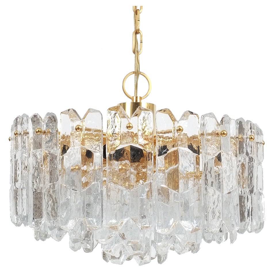 J.T. Kalmar Gold Brass Tiered Crystal Glass Chandelier Palazzo Lamp, circa 1960 For Sale